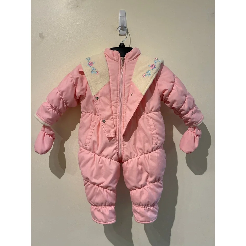 Vintage OshKosh Bgosh Pink Quilted Snowsuit Floral Embroidery Mittens 12M